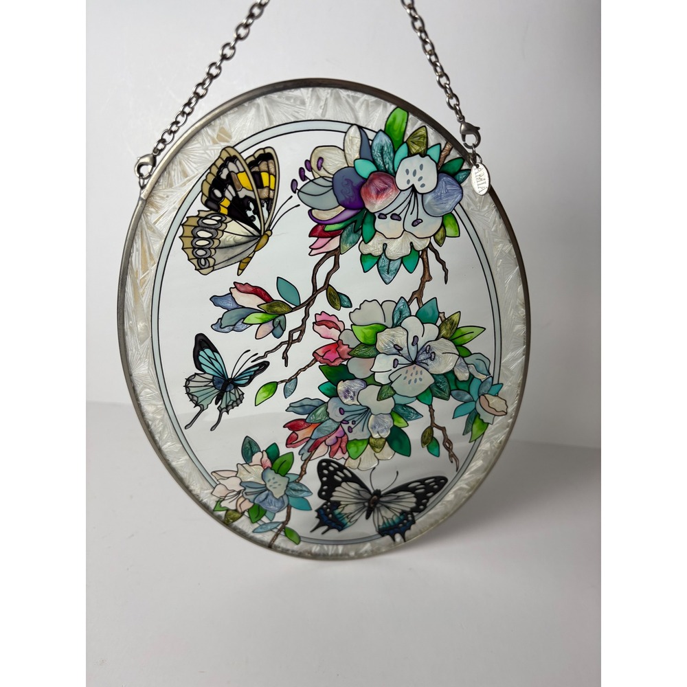 AMIA Hand Painted Glass Butterfly and Floral Oval Suncatcher Window Hanging